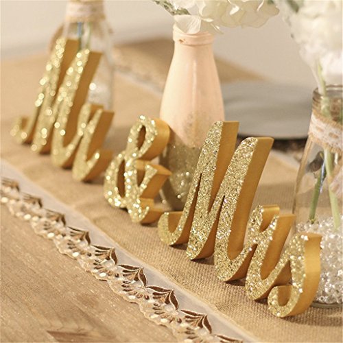Mr and Mrs Signs Wedding Table Decorations Wooden Freestanding Letters for Photo Props Rustic Decoration Anniversary Shower Gift (Golden)