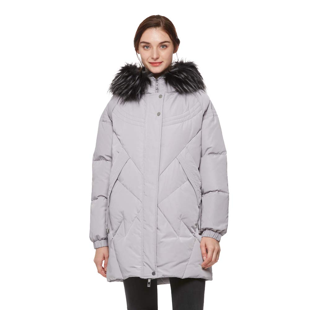 Universo Women's Heavy Duty Hooded Down Coat with Removable Fur Winter Drawstring Parka Puffer Jacket(Sliver,M)