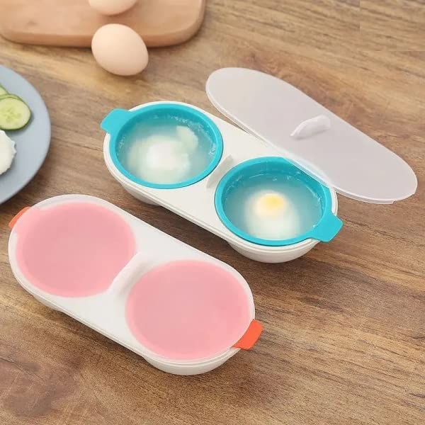 Leeonz Microwave Double Cup Egg Poacher Maker Poached Eggs Cooker Steamer Kitchen Gadget Dishwasher Safe BPA Free Draining Egg Boiler Set Double Layer Microwave Egg Poacher Breakfast Egg Cooker (Blue) 1