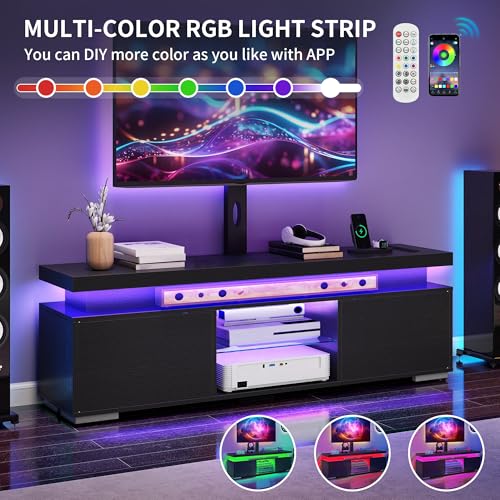 DWVO TV Stands for Living Room, Modern TV Stand for 70/65 inch TV with Mount & Power Outlet, LED Black Entertainment Center with Storage, Gaming Media Stand, Black