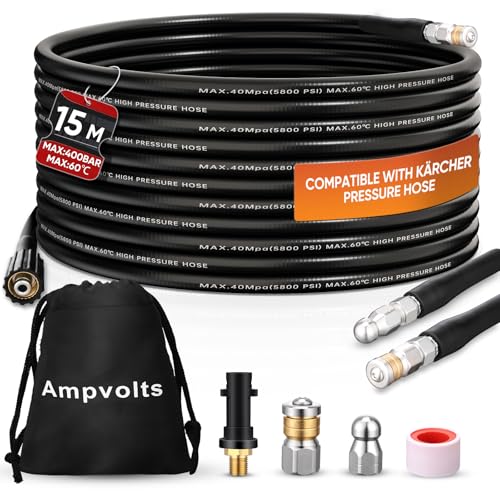 Ampvolts 15M Desatascador de Tuberías a Presión - 400 Bar/5800 PSI, Compatible con Hidrolimpiadoras Karcher K2 K3 K4 K5 K6 K7 - Limpia Fácilmente Tuberías y Desagües Obstruidos