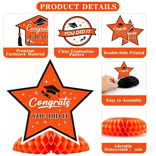 Image of Graduation Decorations 2026, 10PCS Graduation Centerpieces for Table Orange Black Graduation Party Decorations Class of 2026 Congrats Grad Honeycomb Centerpieces Table Decor Graduation Party Supplies