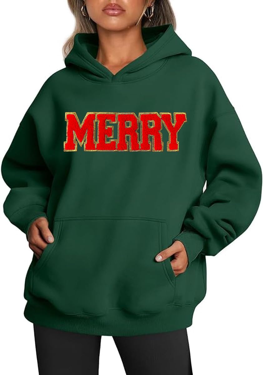 Earlymemb Women's Merry Christmas Oversized Hoodies Fleece Sweatshirts Funny Chenille Patch Xmas Holiday Pullover with Pocket