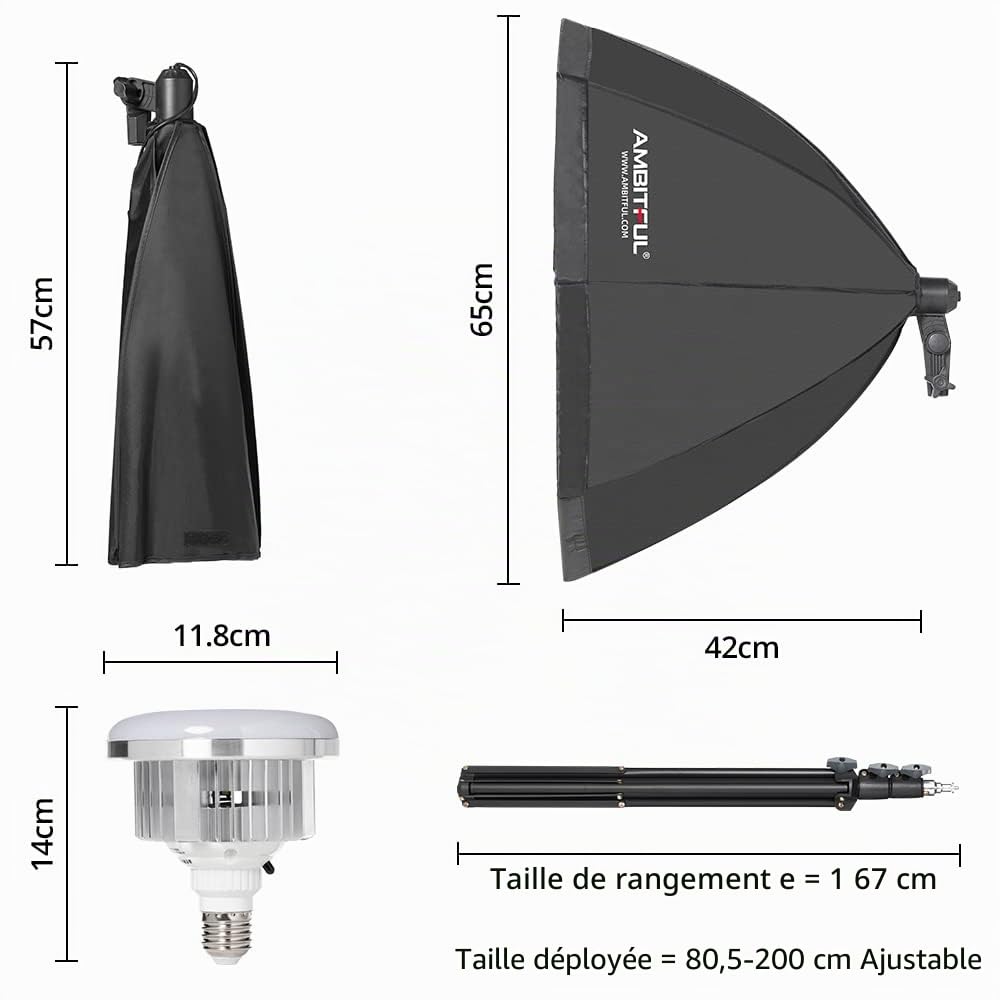 Kit d'éclairage de Photographie Softbox - 2 x 65 cm - avec trépied de 2 m et 2 Ampoules LED Bicolores 50 W 3000-6500 K - Éclairage continu à LED pour Enregistrement vidéo/Streaming en Direct