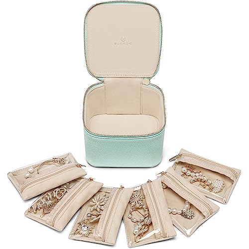 Vlando Travel Jewelry Box,Jewelry Travel Case with 6 Velvet Jewelry Zipper Pockets Travel Jewelry Organizer for Ring Bracelet Christmas Wedding Birthd