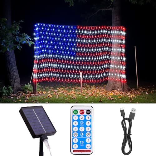 American Flag Lights Outdoor - 420 Super Bright Red White and Blue Lights Waterproof Led Flag Net Light of The United States for Memorial Day 4th of July Yard Garden Christmas Decorations