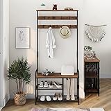 ALLGEMEINE ABMESSUNG: HxLxW-182x84x30cm. 9-Metall-flexible Haken auf 2-Garderobenschicht, 2-Tier-Schuhregal, eine Schuhbank. Mit Anti-Kipp-Riemen auf der Rückseite, wird diese Eingangsgarderobe mit Schuhbank sicher verwendet. Verstellbare Fußpolster an der Unterseite machen diesen Hallenbaum stabil auf unebenem Boden.