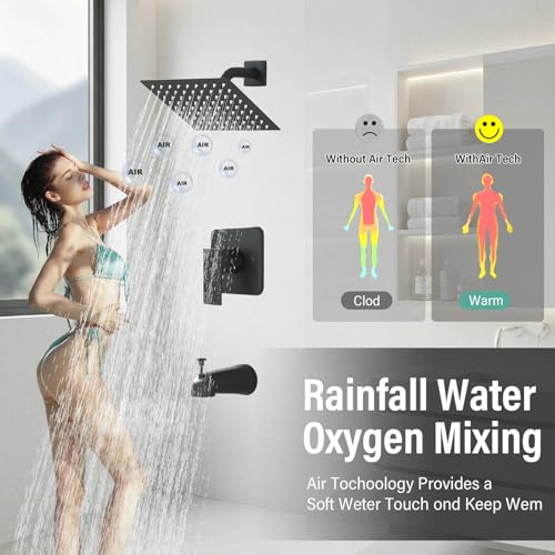 Sistema de ducha con caño para bañera, grifería de ducha negra mate con cabezal de lluvia de 8 pulgadas, set con manija simple y válvula de latón miniatura 3