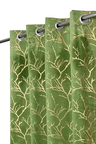 FABDRAPE Heavy Velvet Fabric Room Darkening Tree Design Curtains 7 Feet for Door, Green, Pack of 4 Pieces