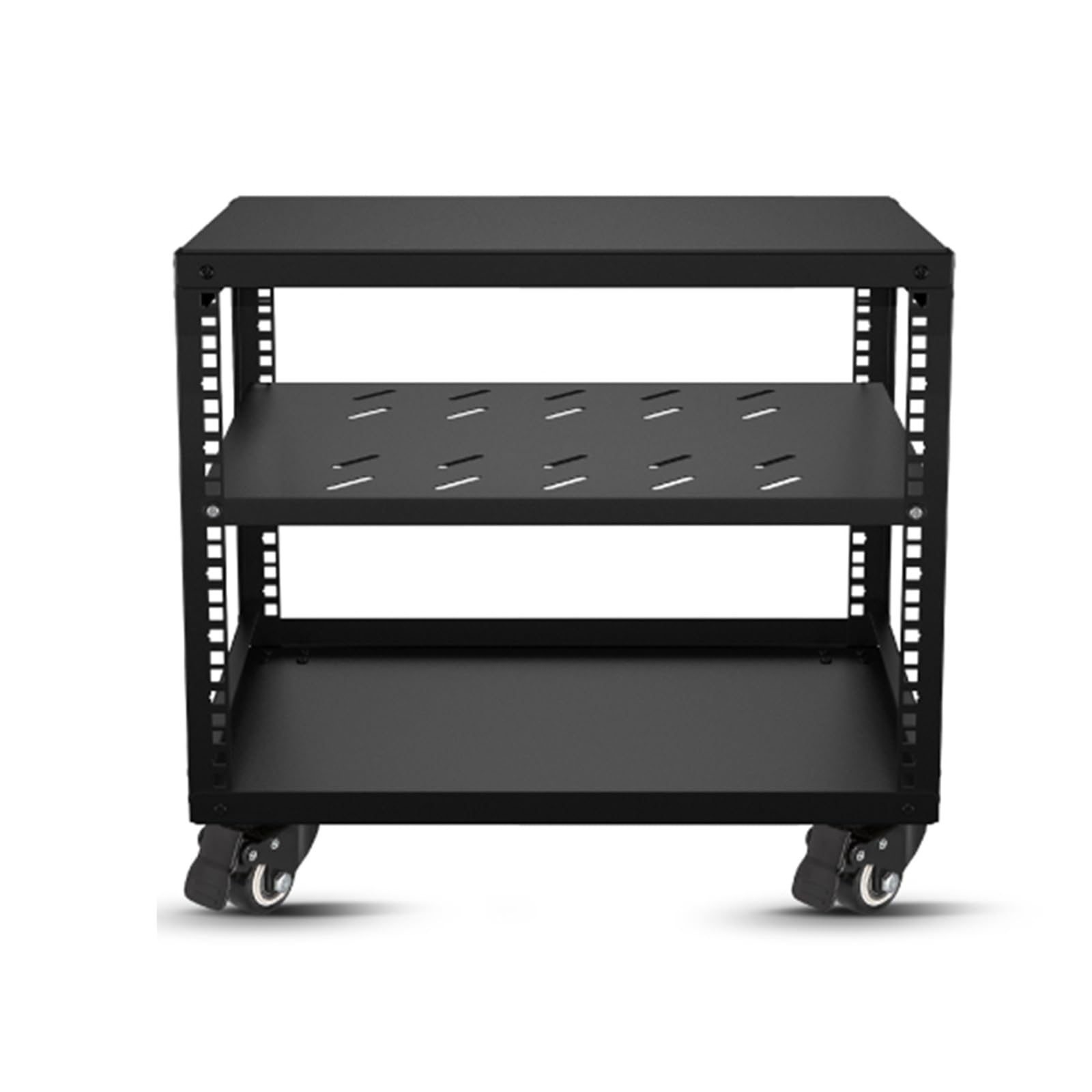 2-poziomowa regulowana szafka AV z kółkami, czarny stojak na media i stojak sieciowy do sprzętu IT/AV, wzmacniacz HiFi, pamięć masowa, 46,2 cm, stylowa i funkcjonalna
