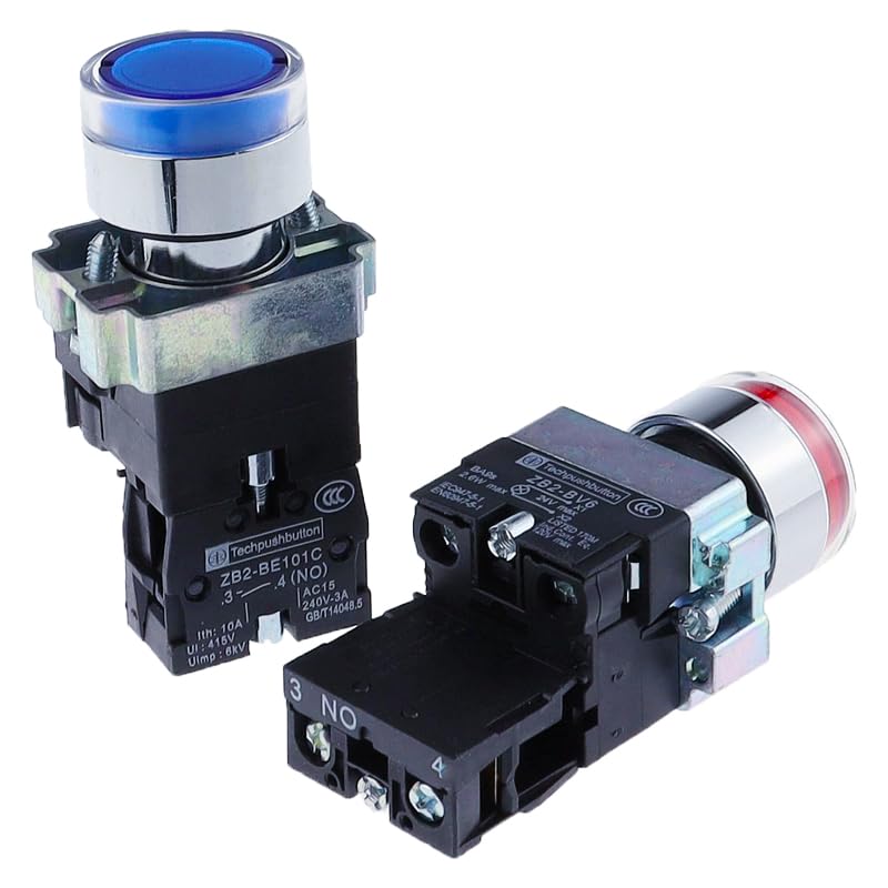 BIK 22mm Momentary XB2-BW3361 Round Push Button Switch with LED Light 1NO 24V/AC220V/AC380V Green,Red,Yellow,Blue ZB2-BE101C(Yellow,24V)
