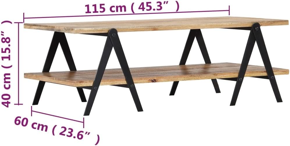 vidaXL Solid Mango Wood Coffee Table with 2 Layers, Powder-Coated Steel Legs, Polished and Lacquered - Rectangular, Industrial-Style, Brown