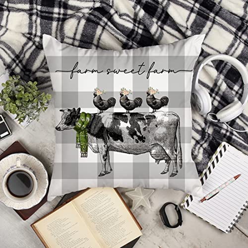 Spring Gray Buffalo Plaids Farmhouse Animals Pillow Covers Dairy Cow Sheep Pig Chicken With Flower Farm Decor Throw Pillow Case Cushion Cover 18" X 18" Set Of 4 Home Decorations #TOP2