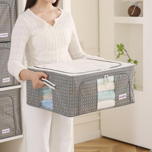 Image of HOKIPO Almirah Organizer Living Boxes | Cloth Storage Box with Top & Front Zipper | Moisture & Moth Resistant | Strong Metal Frame (Oxford Fabric) |44L, Pack of 1 Charcoal Grey (AR-5928-CGRY)