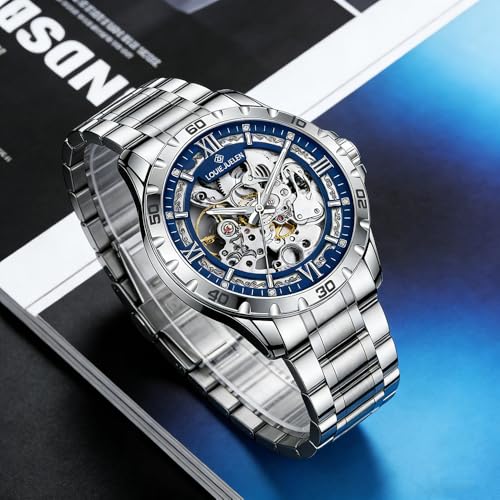 Image of Skeleton Automatic Mechanical Watch Mens Business Luxury Gift Steel Band | Stainless Steel Waterproof Male Golden Wristwatch Luminous Markers & Hands Hardlex Mirror Butterfly Double Button