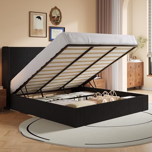 Image of SHA CERLIN King Lift Up Storage Bed Frame, Upholstered Corduroy, Black