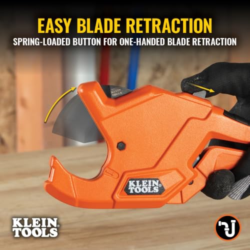 Image of Klein Tools 50044 Ratcheting PVC Pipe Cutter Tool, 1-1 /4 Inch I.D. Cutting Capacity for PVC, CPVC, and PEX Pipes, One-Handed Blade Retraction