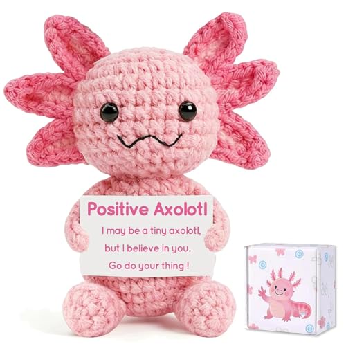 Pink Positive Crochet Axolotl Gift - Handmade Knitted Axolotl Plush with Gift Box Card for Girl Women Friends Coworker Emotional Support Crochet Animals Gifts for Birthday Graduation Desk Decor