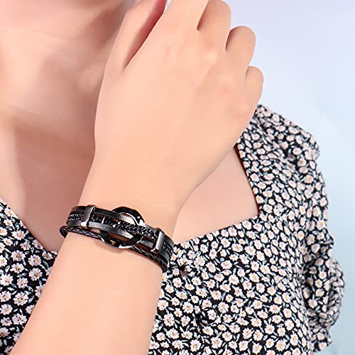 FANCY SHINY Leather Cuff Bracelet Circle Rhinestone Wrap Bracelet Stackable Multi Layer Wristband with Clasp Boho Jewelry Gift for Women2