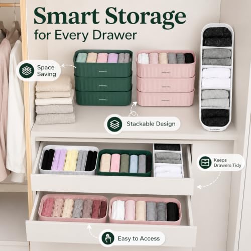 Image of MARKWELL Plastic Drawer Organizer Set of 6 for Underwear, Socks, Bras, Scarves & Ties | Stackable Closet Storage Boxes for Wardrobe, Drawer, Dresser & Cabinet | Multicolor