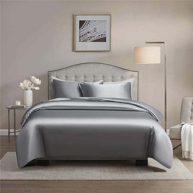Chanyuan 2 Piece Gray Satin Duvet Cover Set Single Size Beddings Set Luxury Rich Silk Silky Super Soft Solid Color Reversible Stain-Resistant Wrinkle Free (Single, Gray)