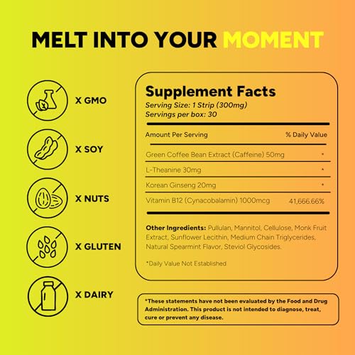 Image of Dissolvable Energy Strips - Natural Green Coffee, L-Theanine, B12, Ginseng - Fast Acting, Jitter-Free Caffeine Alternative - Fresh Mint Flavor - On-the-Go Energy Boost - 30 Strips