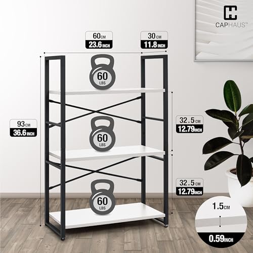 Image of CAPHAUS 3 Tier Small Bookshelf, 24 Inch Width Free Standing Shelf, Bookcase Shelf Storage Organizer, Industrial Book Shelves for Home Office, Living Room, White Shelves & Metal Frame
