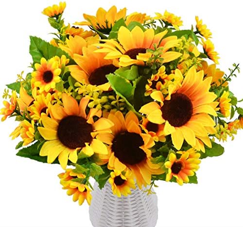 FULAWEIER Artificial Sunflower Bouquet, 4 Bunches Silk Fake Sunflower - Faux Yellow Flowers for Indoor Outdoor Hanging Planter Home Wedding Garden Floral Arrangement Decor