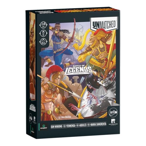 Caixa do jogo de tabuleiro Unmatched Battle of Legends Volume Dois com ilustrações dos personagens Sun Wukong, Yennenga, Aquiles e Maria Sangrenta