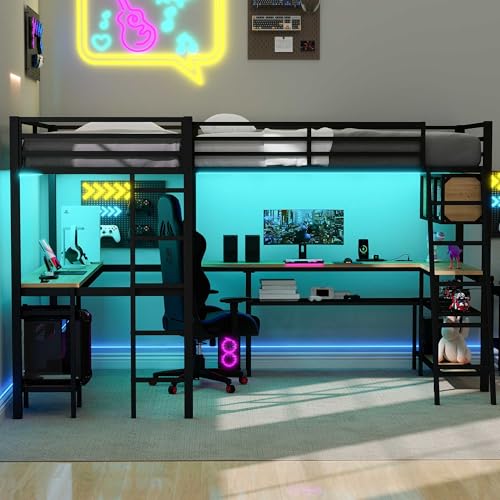 LUMISOL Twin Over Twin Metal Loft Bed with Desk and LED Light for 2 Kids, Double Metal Loft Beds for Teens，L-Shape Loft Bed with Charging Station ＆ Storage, Black
