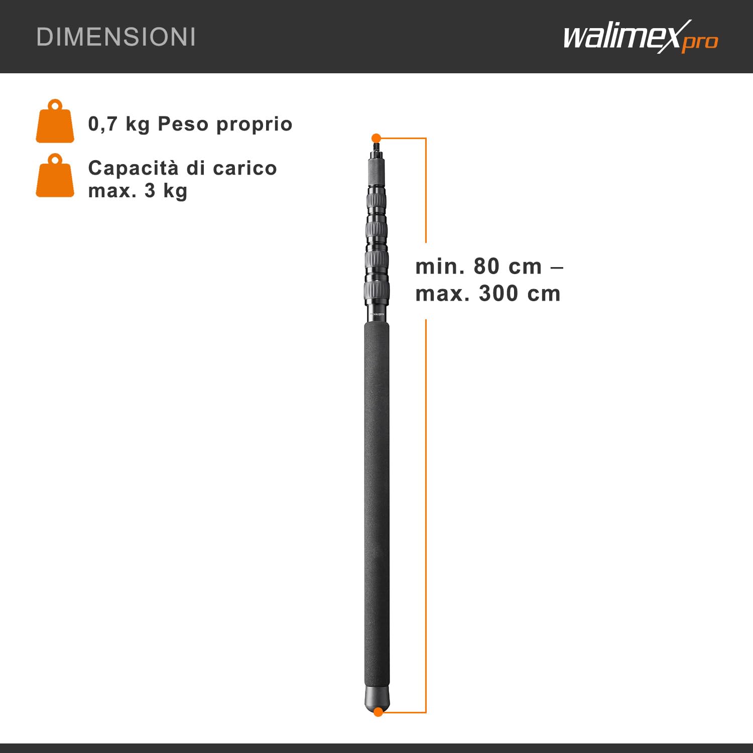 Walimex 20361 Pro Tonangel MicPipe Hand Treppiede Microfono Angel (adatto per microfono, lunghezza max. 3m, incl. passacavo per cavo con max. 7mm)