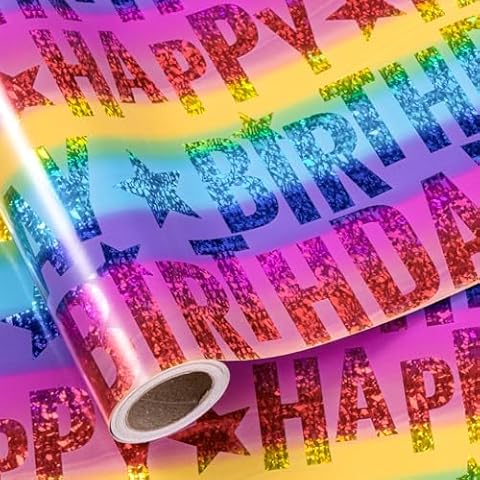 LeZakaa Holographic Birthday Wrapping Paper Roll, Happy Birthday Lettering with Colorful Stars, Rainbow Metallic Foil, with Cut Lines, for Boys Girls Birthday, Mini Roll, 17 inches x 32.8 Feet Cover