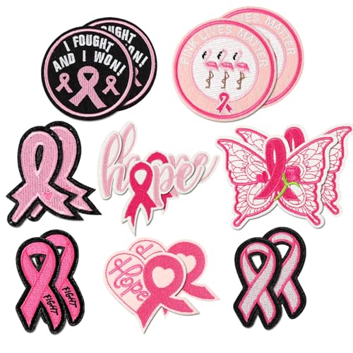 16 Pcs Breast Cancer Awareness Iron on Patches Pink Ribbon Butterfly Heart Hope Embroidered Patches Flamingo Sew Applique Repair Patches DIY Accessories for Clothes Jeans Hats Backpacks