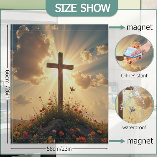 Image of Dishwasher Cover,Wooden Cross Reusable Dishwasher Magnet Cover,Decorative Easter Wildflowers Magnetic Refrigerator Cover Front Panel Cover for Kitchen Decor 23x26 Inch