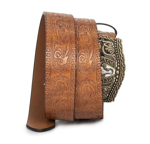 Image of Men's-Western-Leather-Belts Cowboy-Longhorn-Bull-Head-Buckle-Belt Floral-Engraved Waistband for Women
