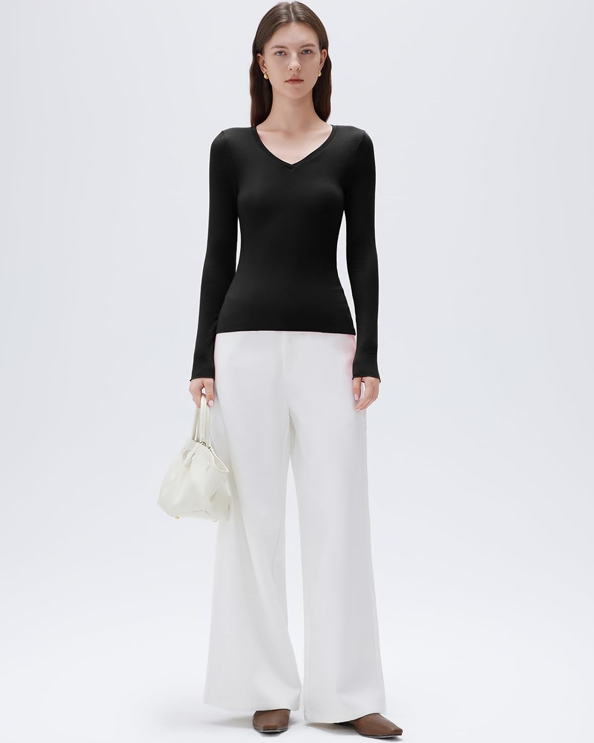 SUUKSESS Cloud Cashmere Women V Neck Fitted Long Sleeve Shirt Basic Soft Knit Tops (Black, XL) - Image 4