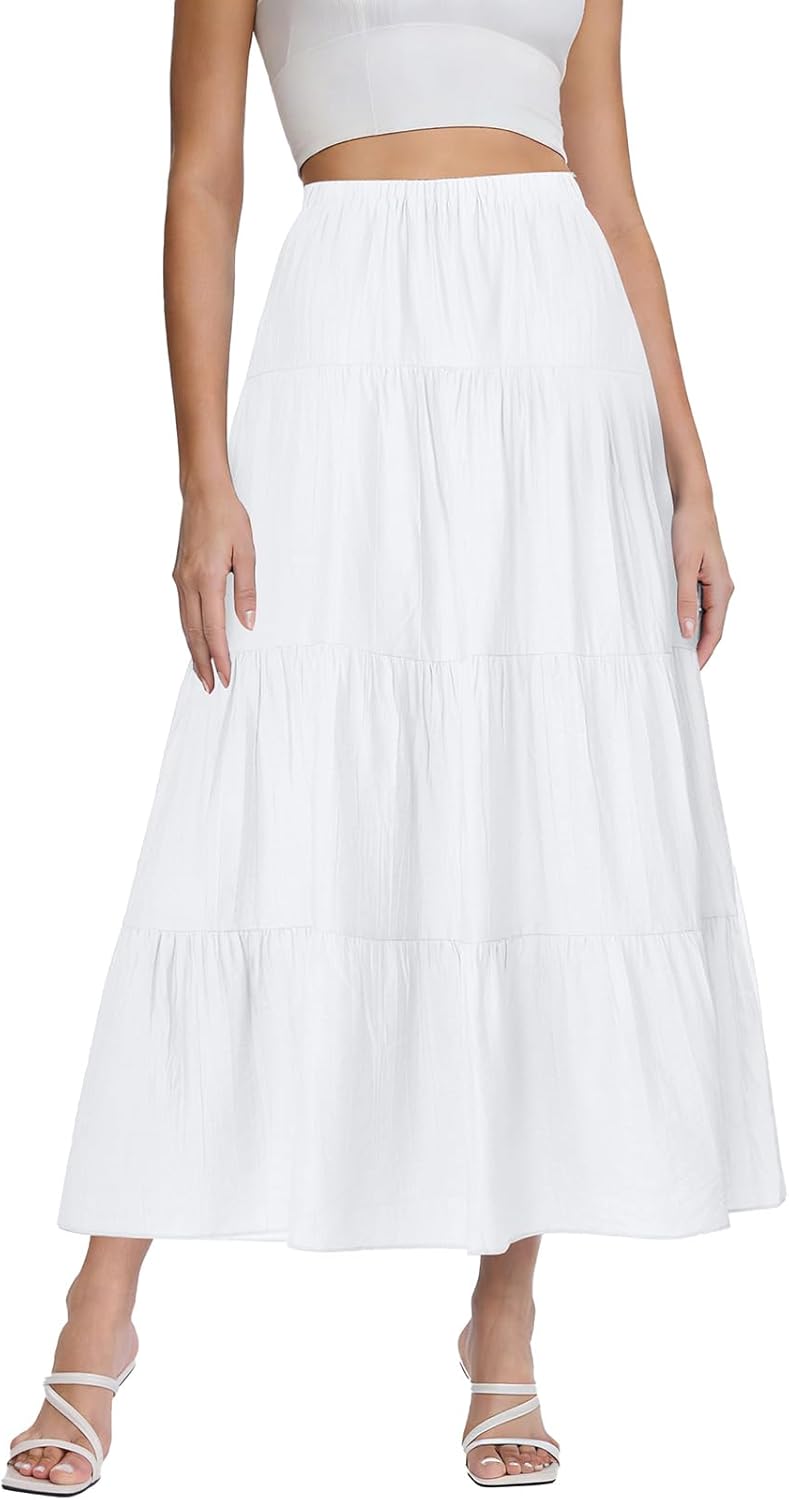 Women's Boho Maxi Skirt Summer Flowy Long Tiered A-Line Elastic High Waist Pleated Beach Skirt