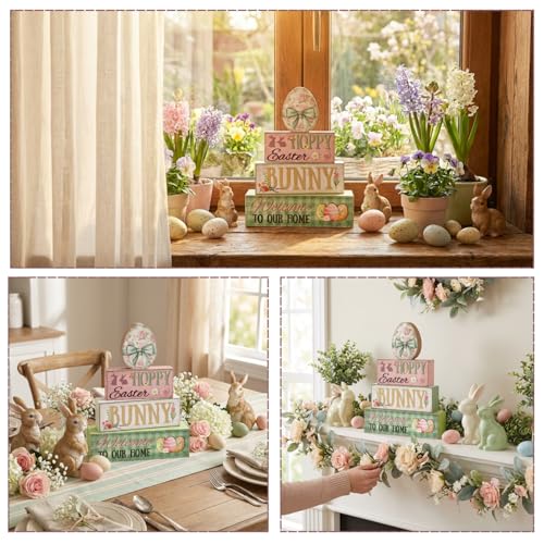 Golibra Easter Decorations, 4 Pcs Wooden Easter Table Decorations, Easter Egg Tiered Tray Decor, Vintage Wooden Table Sign for Desk Shelf Mantel Coffee Bar, Indoor Home Decor — view 6