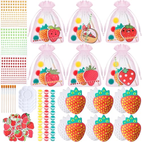 Gersoniel Conjunto de 24 conjuntos de pintura de gesso DIY com tema de morango, conjunto de arte e artesanato, lembrancinhas de festa de morango, kits de estátuas de pintura com pincéis, paleta