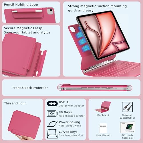 Image of RAYMCRAFT for iPad Air 11 inch Case with Keyboard (M4 /M3 /M2, 2026 /2025 /2024), iPad Pro 11 (4th /3rd /2nd /1st Gen) & Air 5 /4th Magic Keyboard Case, Backlit, Multi-Touch Trackpad, Hot Pink
