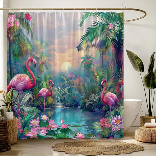 ZNLSU Tropical Rainforest Shower Curtain Pink Flamingo Green Plant Pink Flower Colorful Botanical Jungle Wildlife Nature Scenic Bathroom Decor Fabric Curtain with Hooks