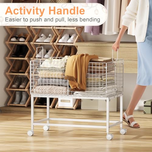 Image of Large Rolling Laundry Basket Cart,Wire Laundry Hamper Cart with Handle and Wheels,White High Laundry Hamper for Laundry Room,Bedroom and Bathroom-120L White (29.5 inchL*19.7 inchW*27.95 inchH inch)