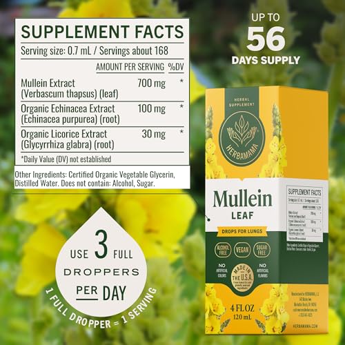 image for HERBAMAMA Mullein Drops for Lungs - Vegan Lung Cleanse with Mullein Le