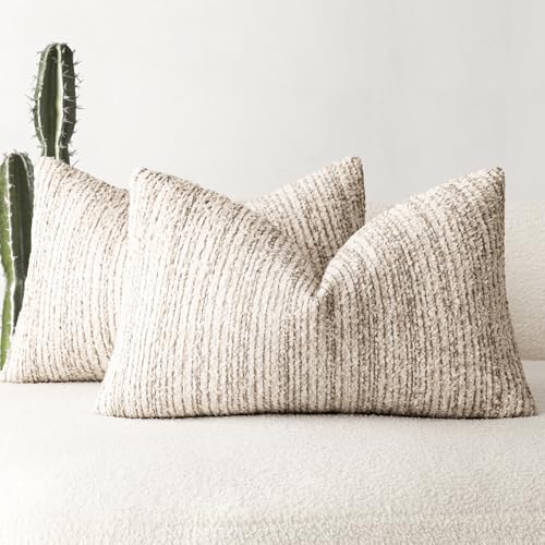 Image of Foindtower Set of 2 Faux Fur Textured Modern Throw Decorative Pillow Covers Lumbar Accent Striped Cushion Sherpa Boho Farmhouse Pillowcase for Couch Sofa Living Room Home Decor 12x20 Inch,Ivory