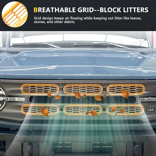 Image of Front Grill Inserts Cover Trims Mesh Grille Frame Kit Compatible with 2021 2022 2023 2024 2025 New Ford Bronco 2 /4 Door Exterior Decoration Accessories Protection Decor Decal, 6Pcs Yellow