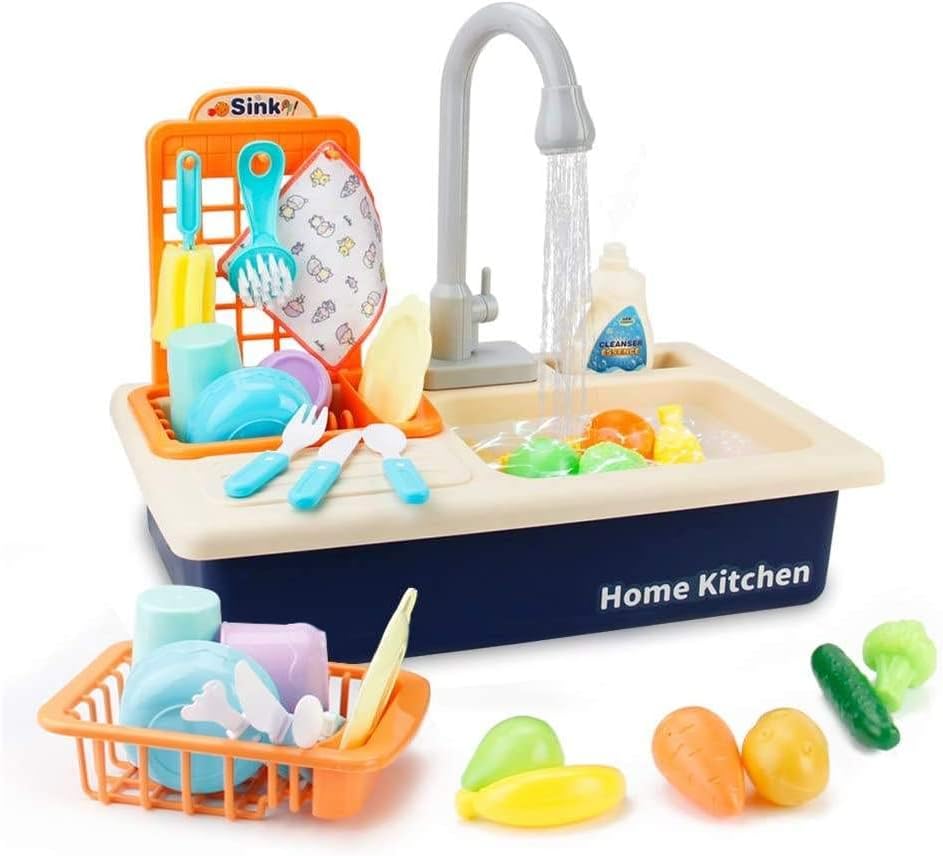 PULSBERY Toys Kids Pretend Kitchen Sink Toy,Pretend Dishwasher with Running Water,Play Sink with Kitchen Playset,Playing Washbasin/Dishwasher with Tableware for Kids (Blue02)
