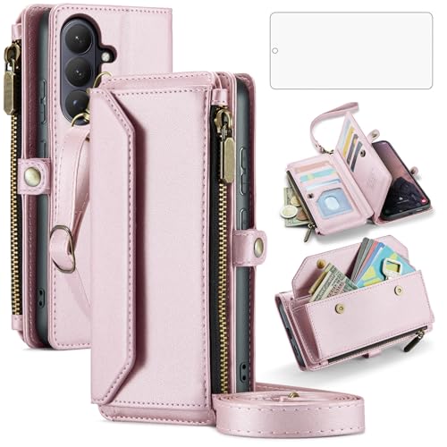 Asuwish Phone Case for Samsung Galaxy S26 5G Zipper Wallet Cover with Tempered Glass Screen Protector and Wrist Strap Flip RFID Blocking Credit Card Holder Stand Cell S 26 26S G5 Women Girls Rose Gold