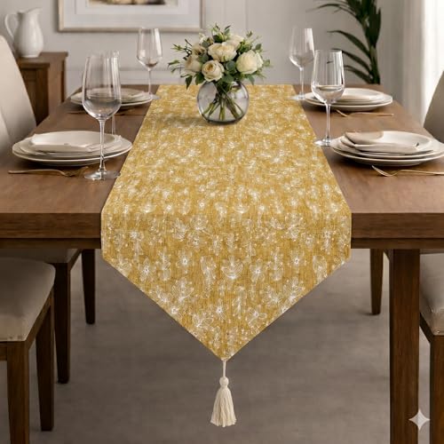 Image of STITCHNEST Woven Table Runner 13x60 Inches | Yellow Floral Design | Tassel Finish | Modern Dining Table Decor