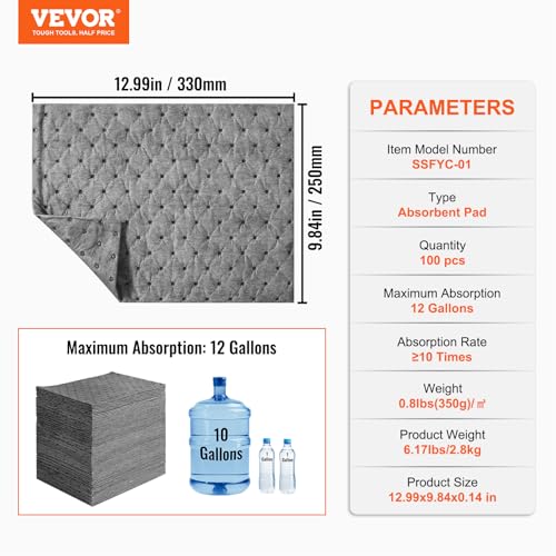 Image of VEVOR 100PCS Absorbent Pads, 13 inch x 10 inch Universal Absorbing Mat Garage Accessories, Oil Absorbent Pads & Water Absorbent Pads Absorbs up 12 Gal, Oil Spill Mat for Spill Protection, Home Garage Basement