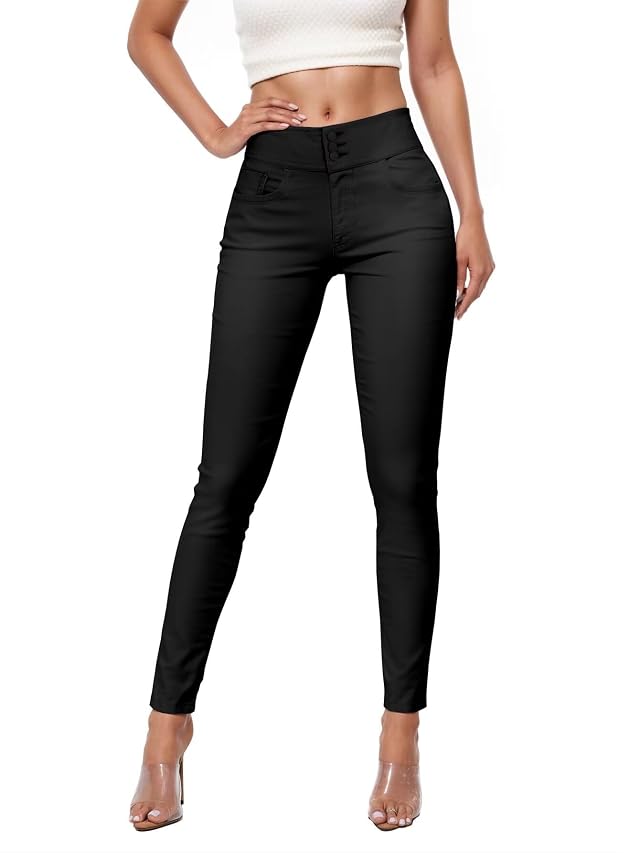 Hybrid Company Womens Hyper Ultra Stretch Comfy Skinny Leg 3 Button Wide Waist Work Casual Pants